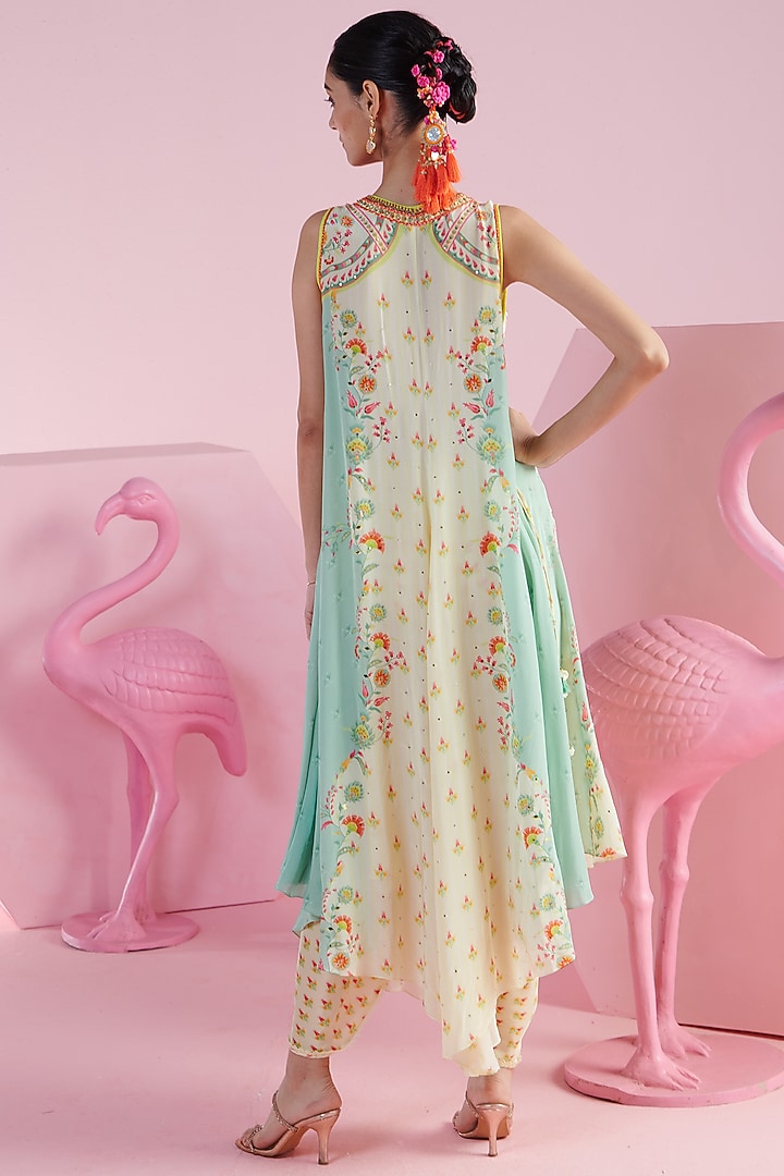 Jade & Cream Chiffon Printed & Embroidered Asymmetrical Tunic Set by Mandira Wirk - Indian at Pernia's Pop Up Shop