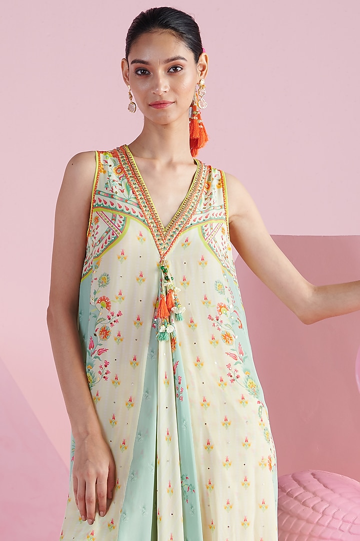 Jade & Cream Chiffon Printed & Embroidered Asymmetrical Tunic Set by Mandira Wirk - Indian at Pernia's Pop Up Shop