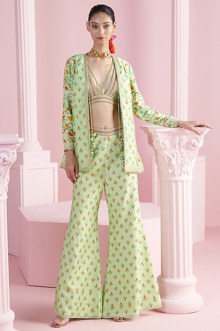 Pista Green Chanderi Printed & Embroidered Blazer Set by Mandira Wirk at Pernia's Pop Up Shop