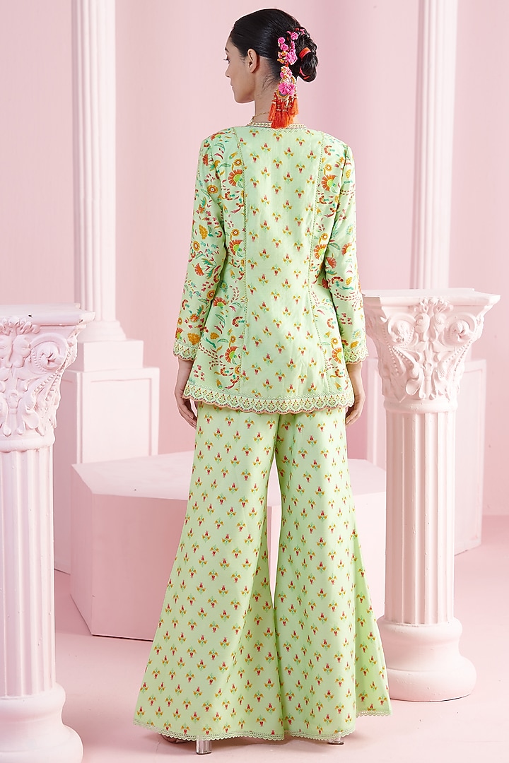 Pista Green Chanderi Printed & Embroidered Blazer Set by Mandira Wirk - Indian at Pernia's Pop Up Shop
