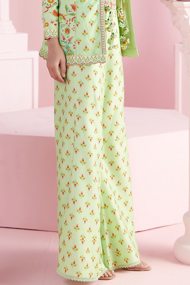 Pista Green Chanderi Printed & Embroidered Blazer Set by Mandira Wirk - Indian at Pernia's Pop Up Shop