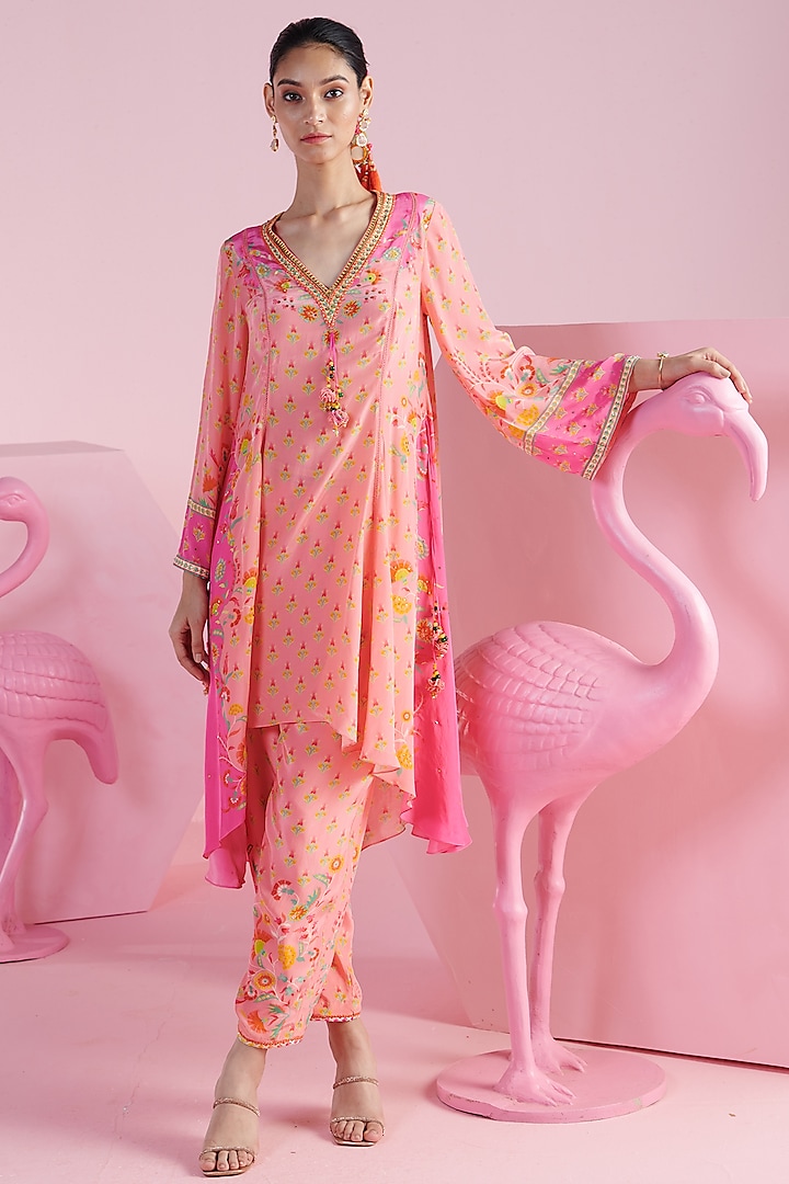 Pink Crepe Printed & Embroidered Kurta Set  by Mandira Wirk at Pernia's Pop Up Shop