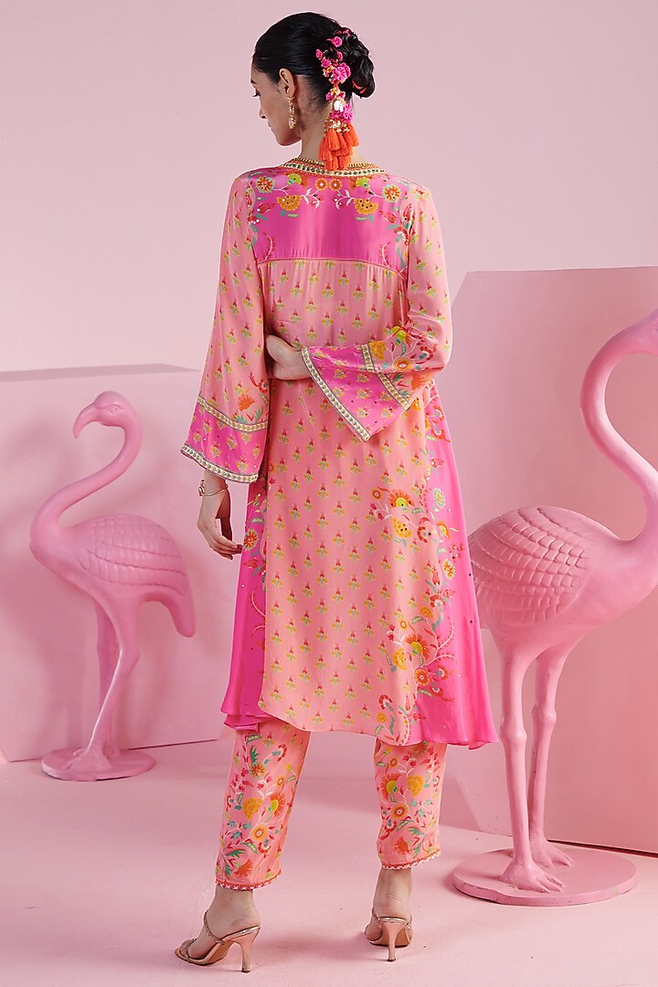 Pink Crepe Printed & Embroidered Kurta Set  by Mandira Wirk - Indian at Pernia's Pop Up Shop