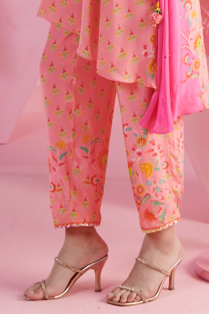 Pink Crepe Printed & Embroidered Kurta Set  by Mandira Wirk - Indian at Pernia's Pop Up Shop