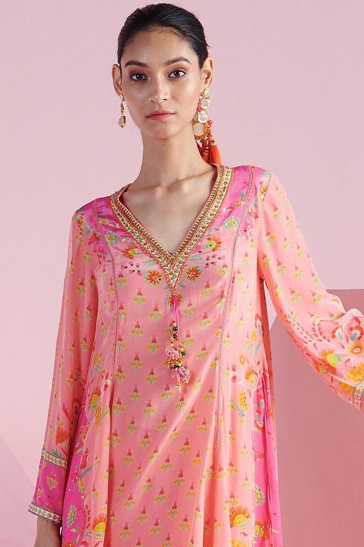 Pink Crepe Printed & Embroidered Kurta Set  by Mandira Wirk - Indian at Pernia's Pop Up Shop