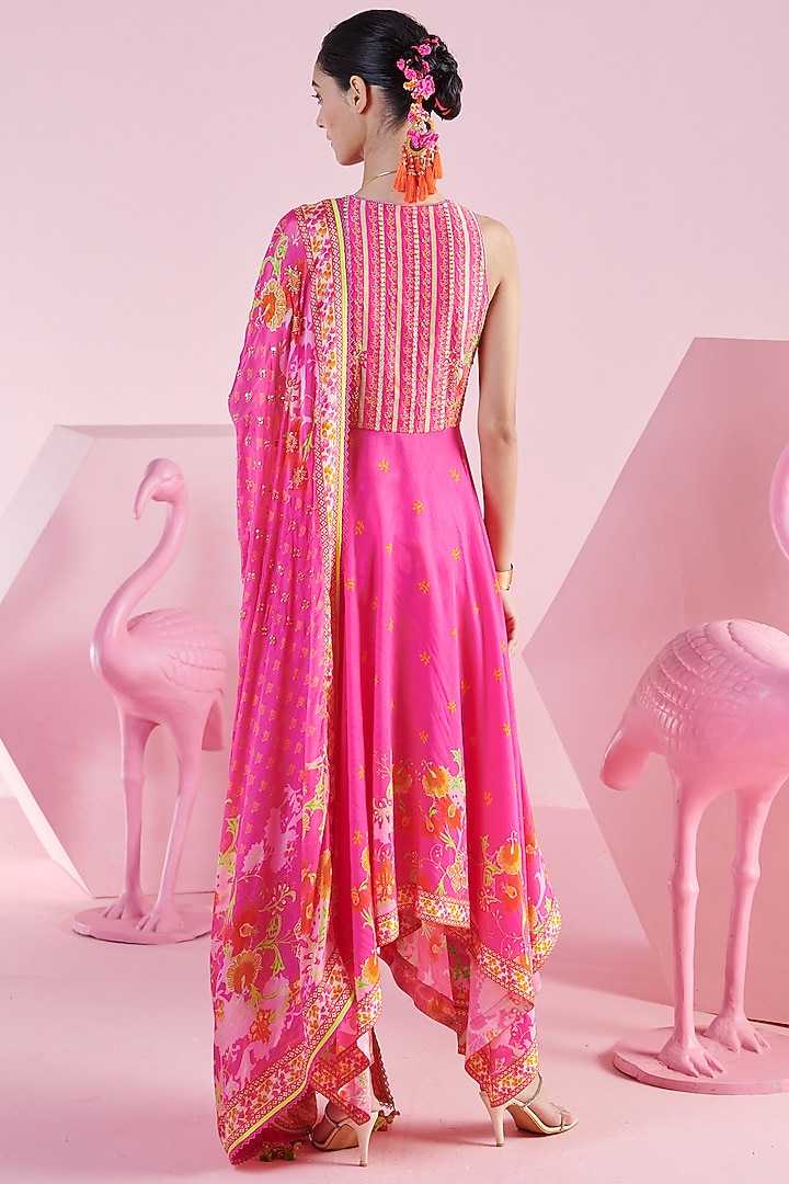 Pink Chiffon Embroidered Asymmetric Kurta Set by Mandira Wirk - Indian at Pernia's Pop Up Shop