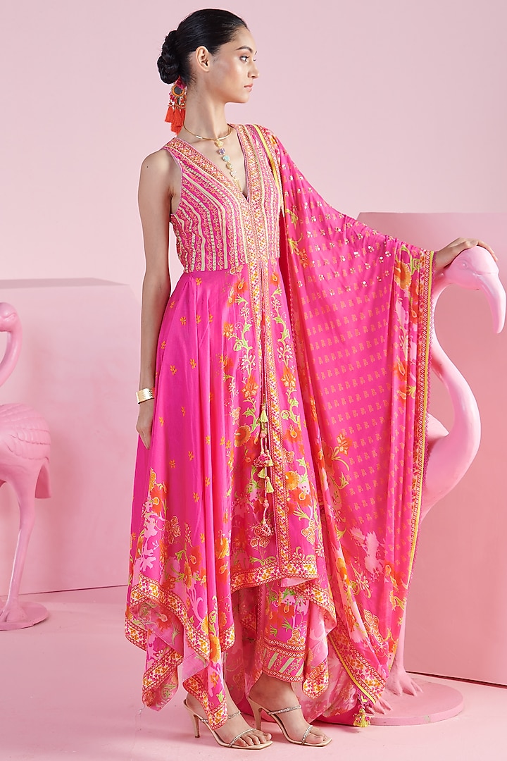Pink Chiffon Embroidered Asymmetric Kurta Set by Mandira Wirk - Indian at Pernia's Pop Up Shop