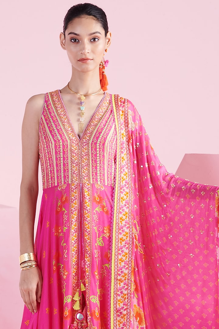 Pink Chiffon Embroidered Asymmetric Kurta Set by Mandira Wirk - Indian at Pernia's Pop Up Shop