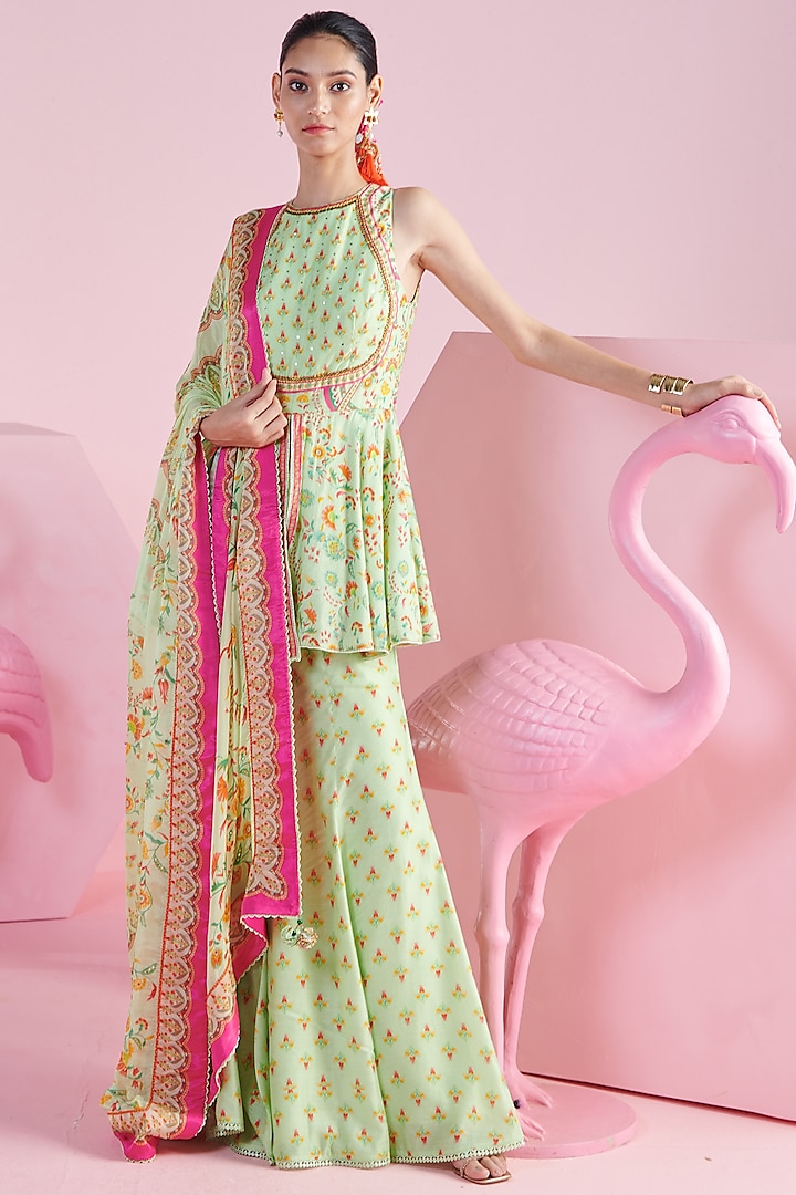 Pista Green Chiffon & Chanderi Embroidered Peplum Kurta Set by Mandira Wirk