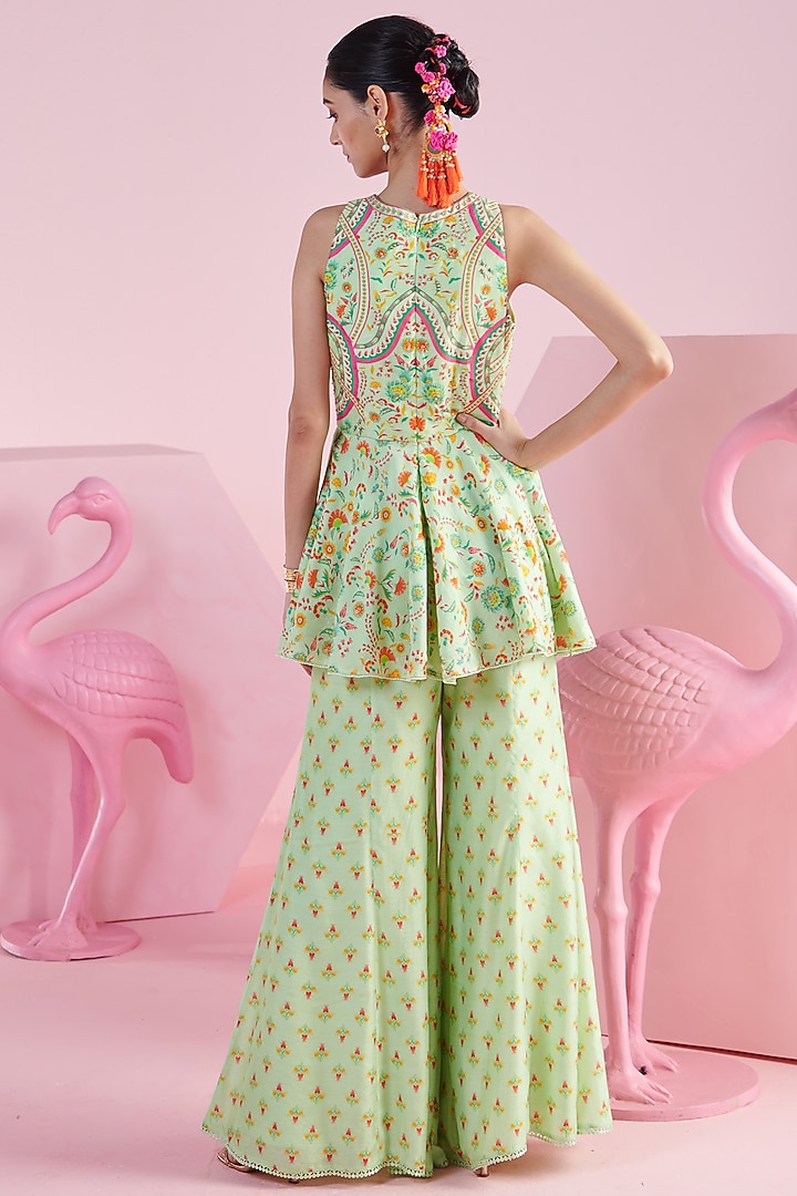 Pista Green Chiffon & Chanderi Embroidered Peplum Kurta Set by Mandira Wirk - Indian at Pernia's Pop Up Shop