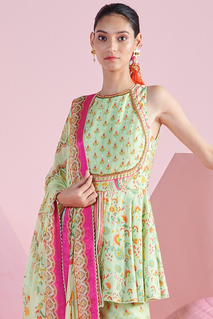 Pista Green Chiffon & Chanderi Embroidered Peplum Kurta Set by Mandira Wirk - Indian at Pernia's Pop Up Shop