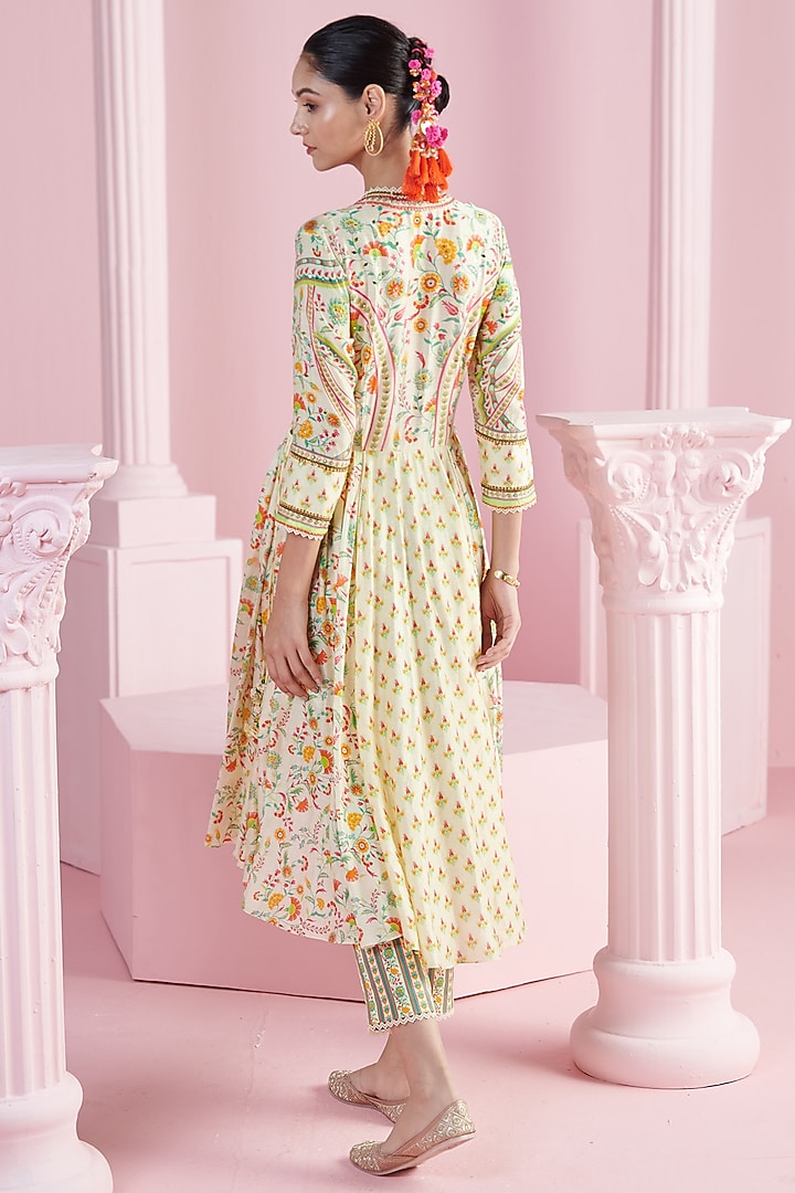 Ivory Chanderi Embroidered High-Low Kurta Set by Mandira Wirk - Indian at Pernia's Pop Up Shop