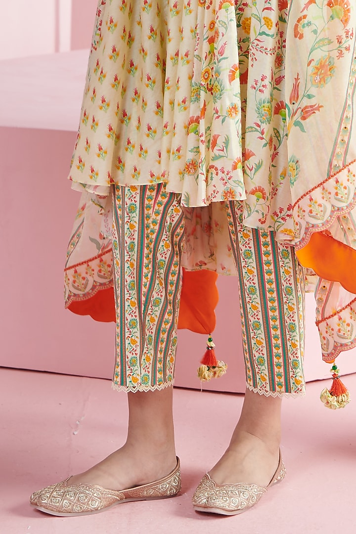 Ivory Chanderi Embroidered High-Low Kurta Set by Mandira Wirk - Indian at Pernia's Pop Up Shop