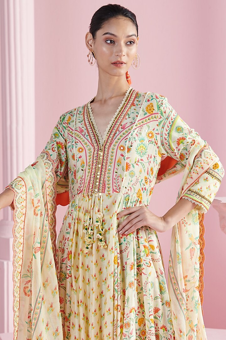 Ivory Chanderi Embroidered High-Low Kurta Set by Mandira Wirk - Indian at Pernia's Pop Up Shop