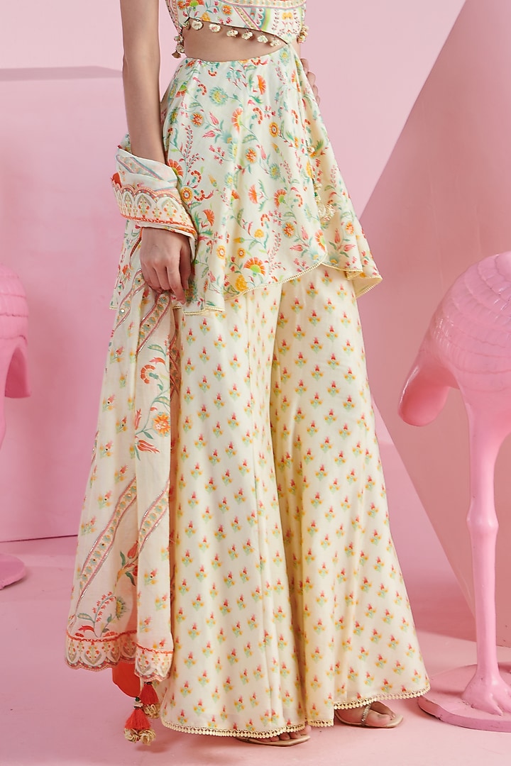 Ivory Chanderi Printed Wedding Sharara Set by Mandira Wirk - Indian at Pernia's Pop Up Shop