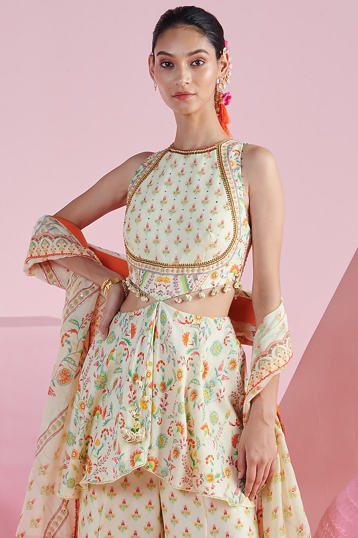 Ivory Chanderi Printed Wedding Sharara Set by Mandira Wirk - Indian at Pernia's Pop Up Shop