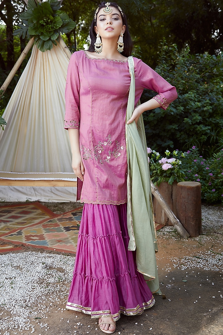 Purple Embroidered Wedding Sharara Set by Mandira Wirk - Indian at Pernia's Pop Up Shop