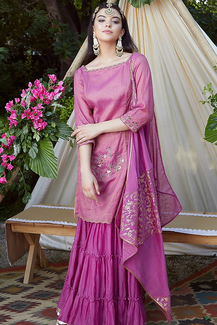 Purple Sequins & Gotta Patti Embroidered Wedding Sharara Set by Mandira Wirk - Indian at Pernia's Pop Up Shop