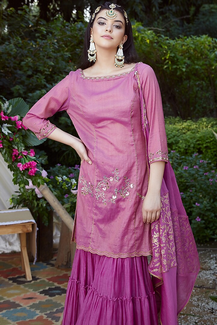 Purple Sequins & Gotta Patti Embroidered Wedding Sharara Set by Mandira Wirk - Indian at Pernia's Pop Up Shop
