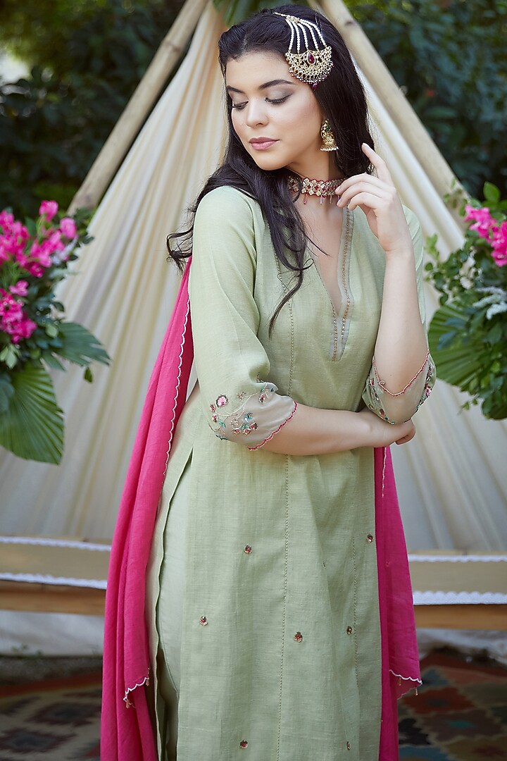 Jade Green Embroidered Kurta Set by Mandira Wirk - Indian at Pernia's Pop Up Shop