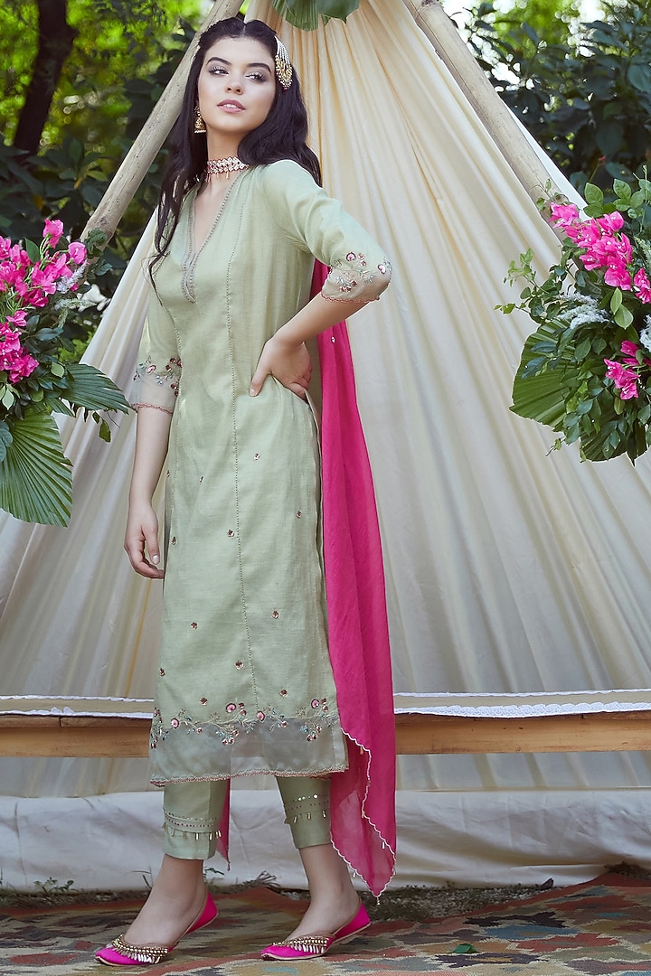 Jade Green Embroidered Kurta Set by Mandira Wirk - Indian at Pernia's Pop Up Shop