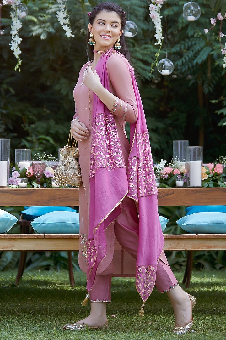 Rose Pink Embroidered Kurta Set by Mandira Wirk - Indian at Pernia's Pop Up Shop
