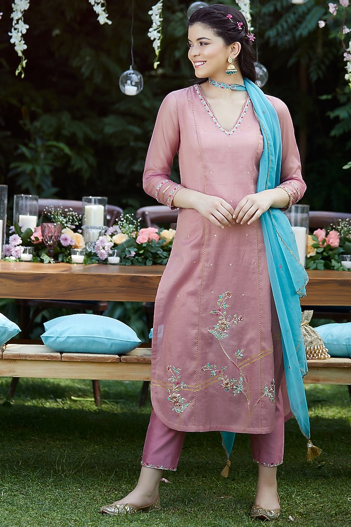 Rose Pink Sequins & Gotta Patti Embroidered Kurta Set by Mandira Wirk - Indian at Pernia's Pop Up Shop