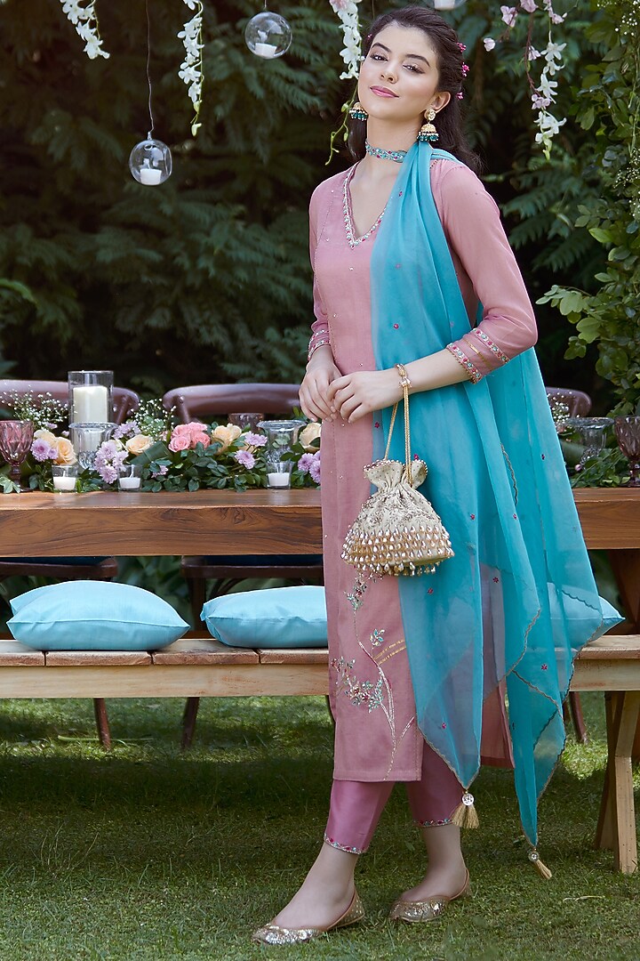Rose Pink Sequins & Gotta Patti Embroidered Kurta Set by Mandira Wirk - Indian at Pernia's Pop Up Shop