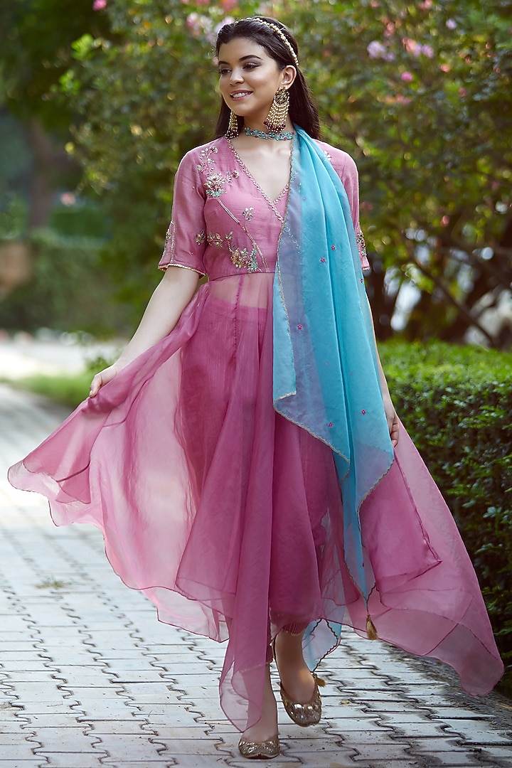 Rose Pink Embroidered Asymmetrical Kurta Set by Mandira Wirk - Indian at Pernia's Pop Up Shop