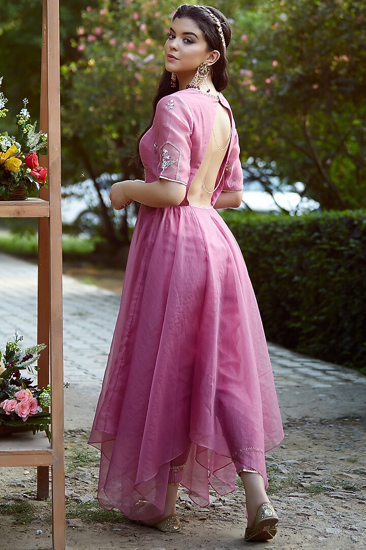 Rose Pink Embroidered Asymmetrical Kurta Set by Mandira Wirk - Indian at Pernia's Pop Up Shop