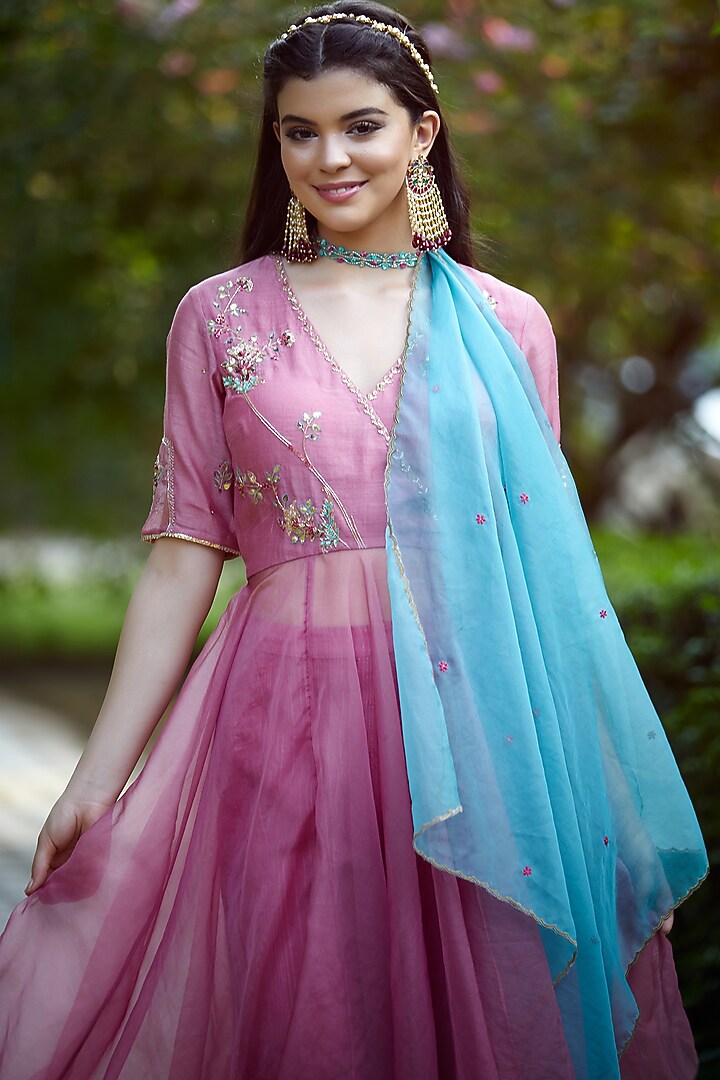Rose Pink Embroidered Asymmetrical Kurta Set by Mandira Wirk - Indian at Pernia's Pop Up Shop