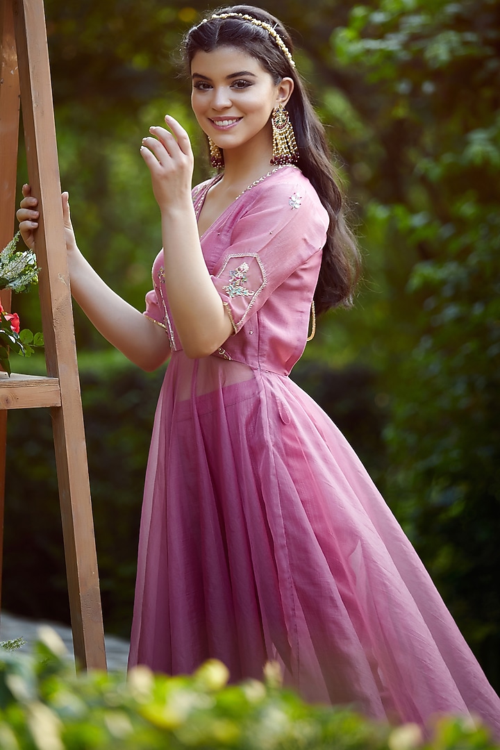 Rose Pink Embroidered Asymmetrical Kurta Set by Mandira Wirk - Indian at Pernia's Pop Up Shop