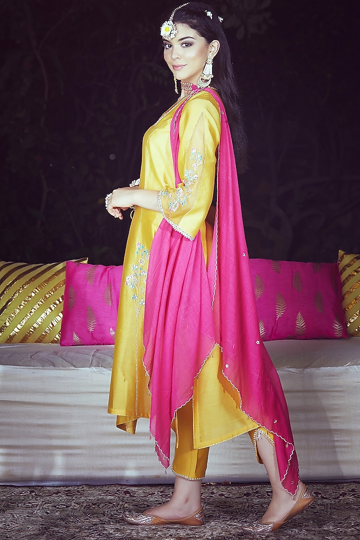 Yellow Embroidered Kurta Set by Mandira Wirk - Indian at Pernia's Pop Up Shop