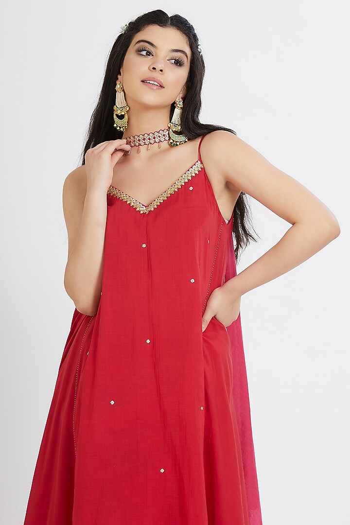 Red Embroidered Kurta set by Mandira Wirk - Indian at Pernia's Pop Up Shop