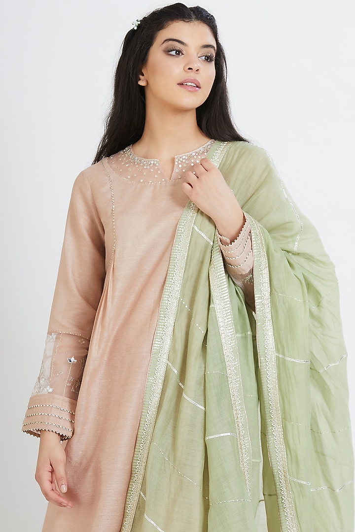 Nude Peach Embroidered Kurta Set by Mandira Wirk - Indian at Pernia's Pop Up Shop