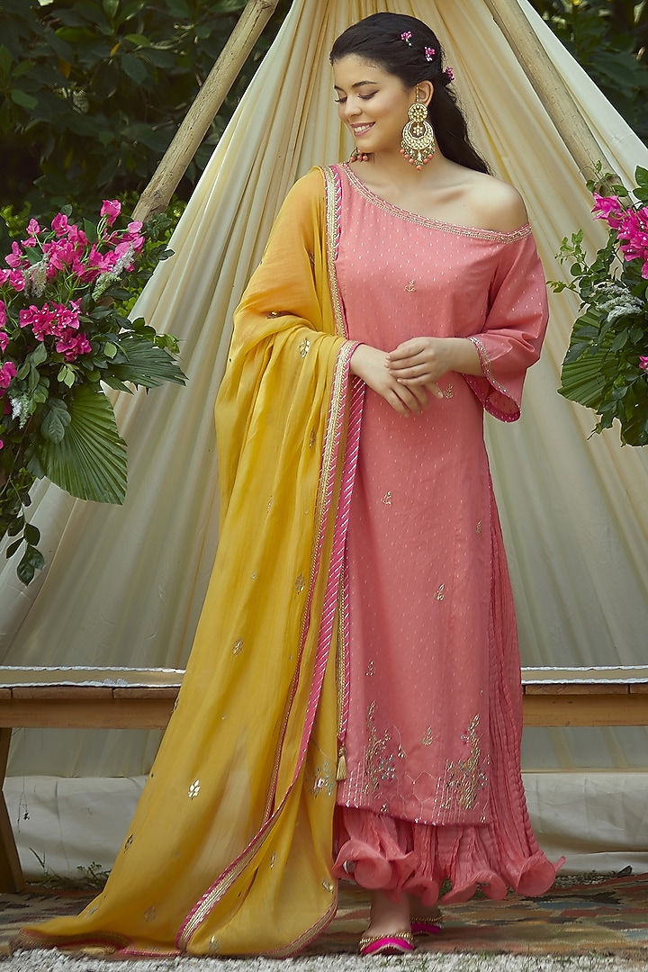 Coral Embroidered Kurta Set by Mandira Wirk - Indian at Pernia's Pop Up Shop