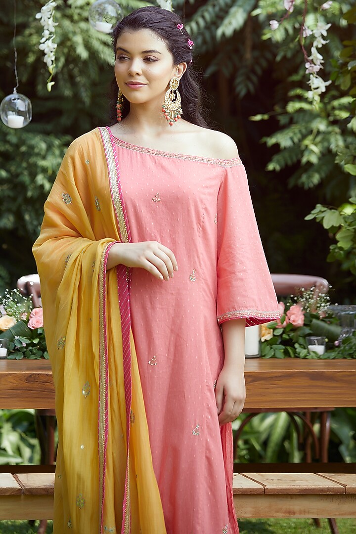 Coral Embroidered Kurta Set by Mandira Wirk - Indian at Pernia's Pop Up Shop