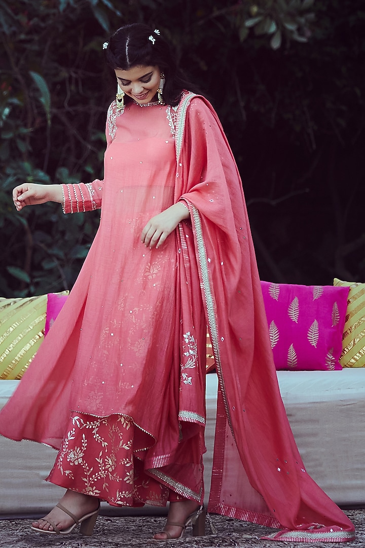 Coral Embroidered Wedding Sharara Set by Mandira Wirk - Indian at Pernia's Pop Up Shop