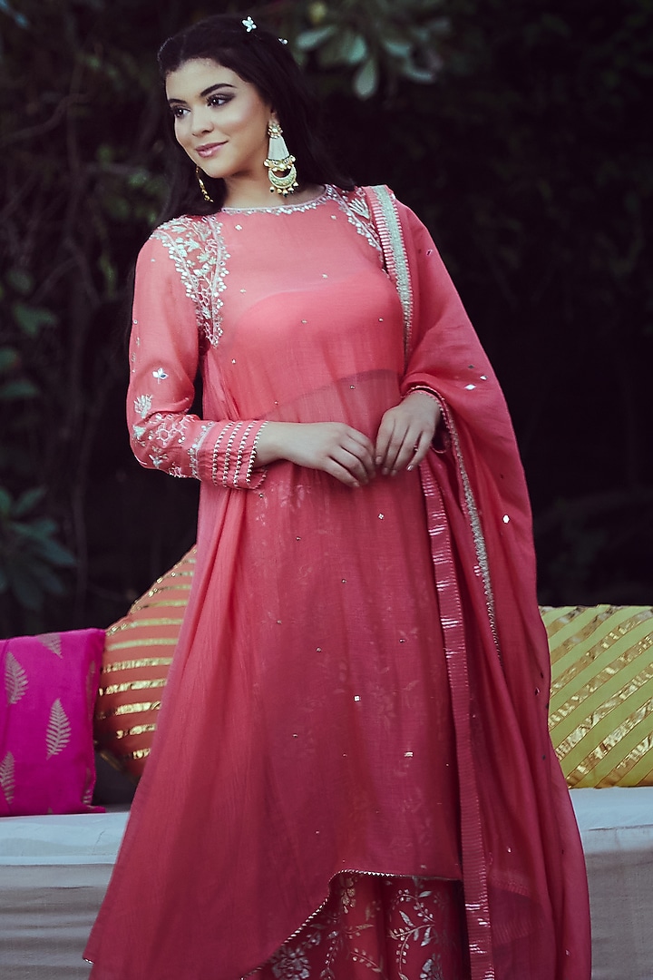 Coral Embroidered Wedding Sharara Set by Mandira Wirk - Indian at Pernia's Pop Up Shop