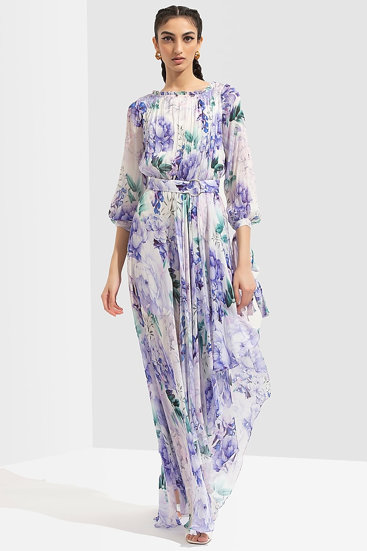 Ume Purple Printed Asymmetrical Dress by Mandira Wirk