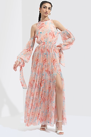 Peachish Nude Printed Maxi Dress by Mandira Wirk - Resort