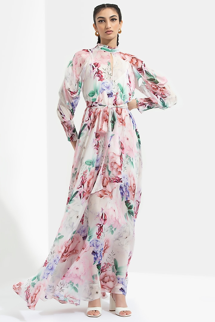 Iris White Printed Maxi Dress by Mandira Wirk