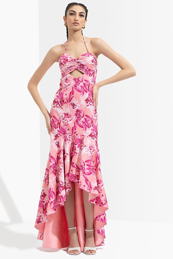 Sakura Pink Printed High-Low Dress by Mandira Wirk