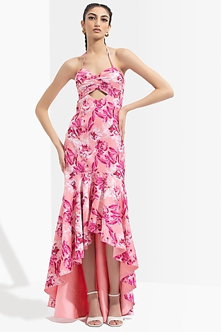 Sakura Pink Printed High-Low Dress by Mandira Wirk - Resort