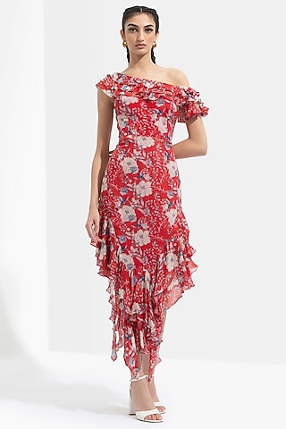 Red Printed Off-Shoulder Dress by Mandira Wirk - Resort