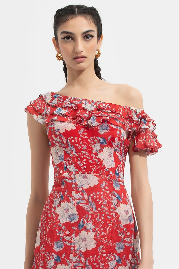 Red Printed Off-Shoulder Vacation Dress by Mandira Wirk - Resort at Pernia's Pop Up Shop