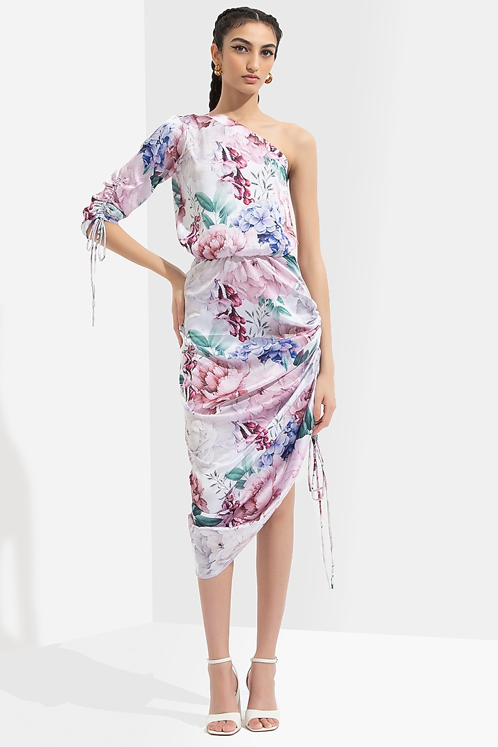 Iris White Printed One-Shoulder Dress by Mandira Wirk