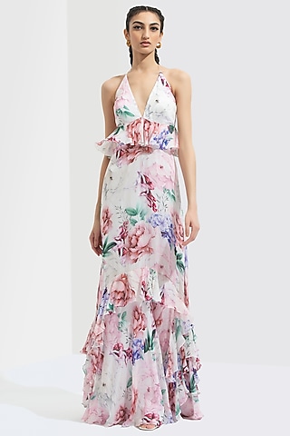 Iris White Printed Layered Maxi Dress by Mandira Wirk - Resort