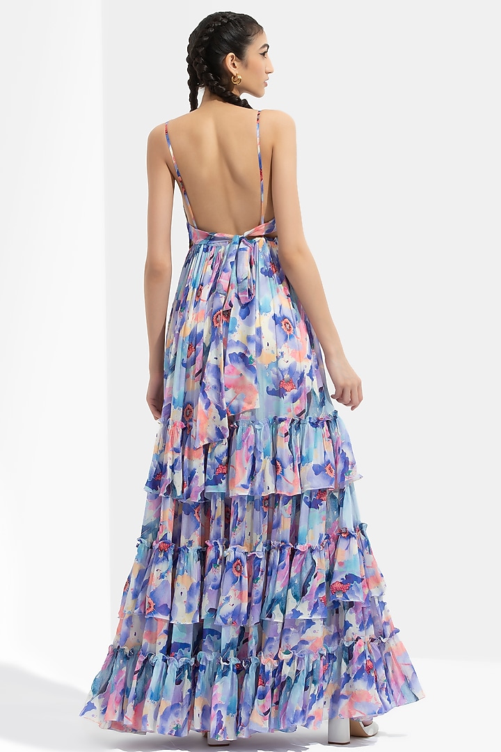 Blue Printed Tiered Maxi Cocktail Dress by Mandira Wirk - Resort at Pernia's Pop Up Shop