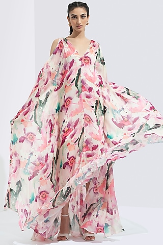 Light Pink Printed Kaftan by Mandira Wirk - Resort